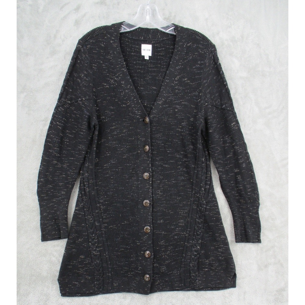 NIC+ZOE Sweater‎ Womens Medium Marled Button Front Cardigan Speckled Black Knit